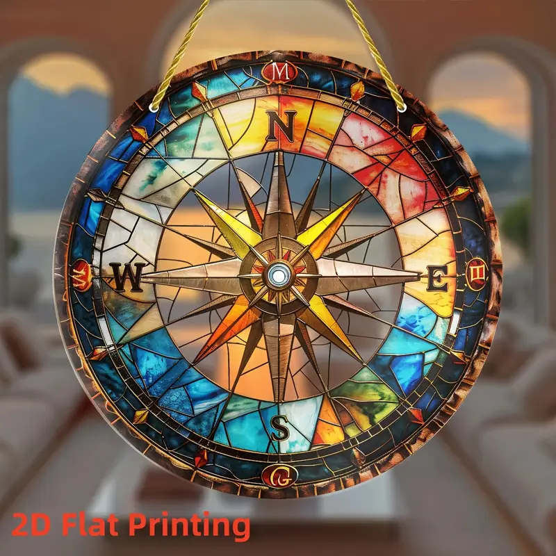 Nautical Compass Suncatcher - 8" Acrylic Art. Colorful Window Decor For Home Or Office, Perfect As A Thoughtful Gift._voghion.com