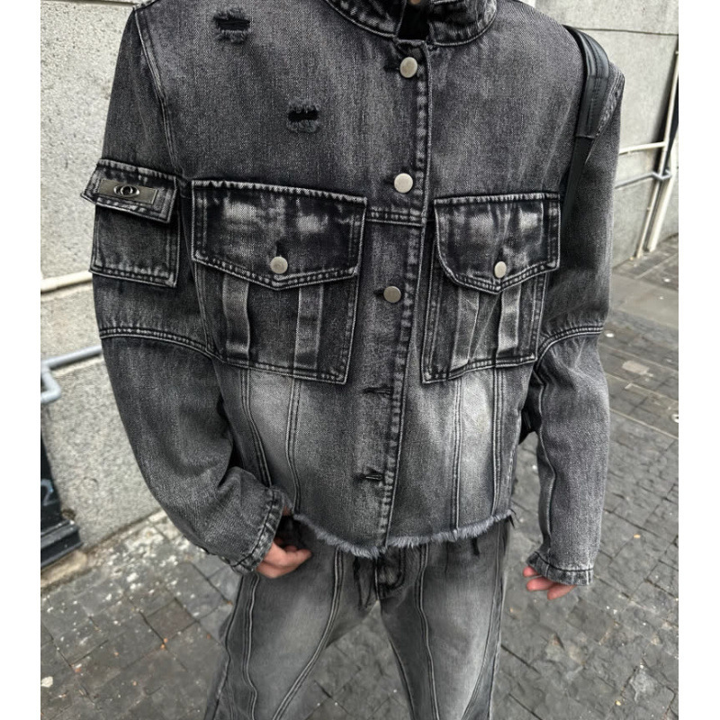 American high street niche design sense, pleated deconstruction yarn denim suit, men’s jeans two-piece set
