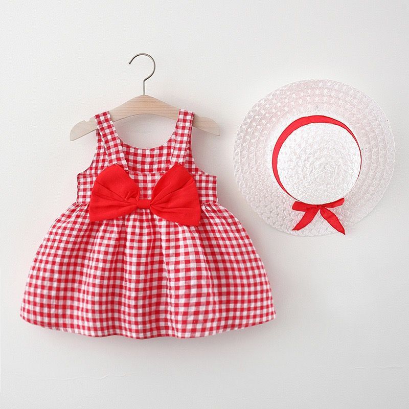 Sweet Baby Girl Tank Dress Fashion Checkered Pattern Dress Sleeveless Bow Dress Send Hat_voghion.com
