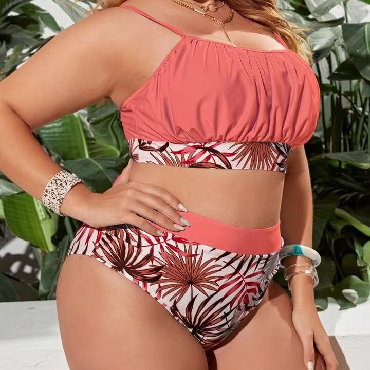Women's large size plant print bikini suit chest pleated sling high waist split bikini_voghion.com