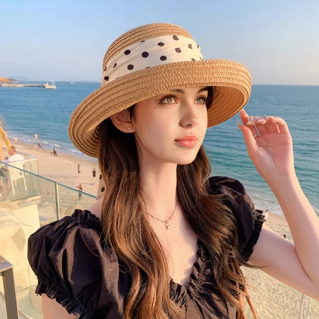 Hot Sale summer women's straw with wave-point streamers travel beach hats large-eaved and outdoor sun hat_voghion.com