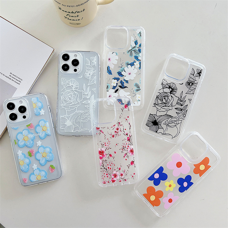 Blommigt genomskinligt telefonskal för iPhone 15 14 Plus 13 12 11 Pro Max stötsäkert silikon mjukt TPU bakstycke_voghion.com
