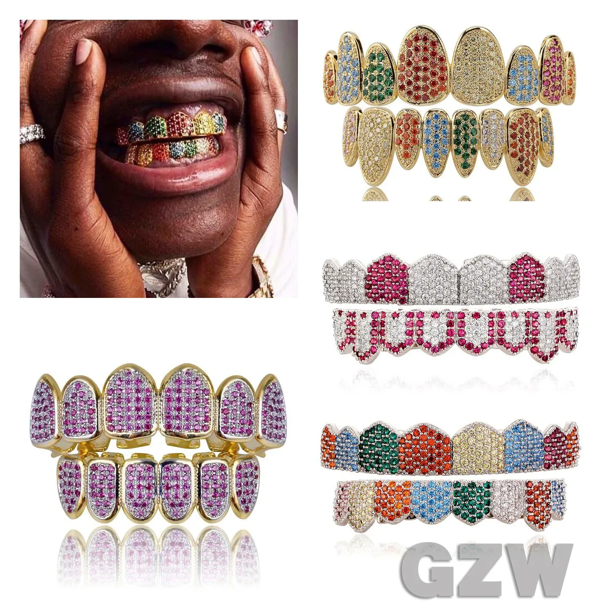 Rose Weißgold Vampir Grillz Iced Out Fang Grills Voller bunter Durchmesser Cosplay Zahnkappe Zahnspange_voghion.com