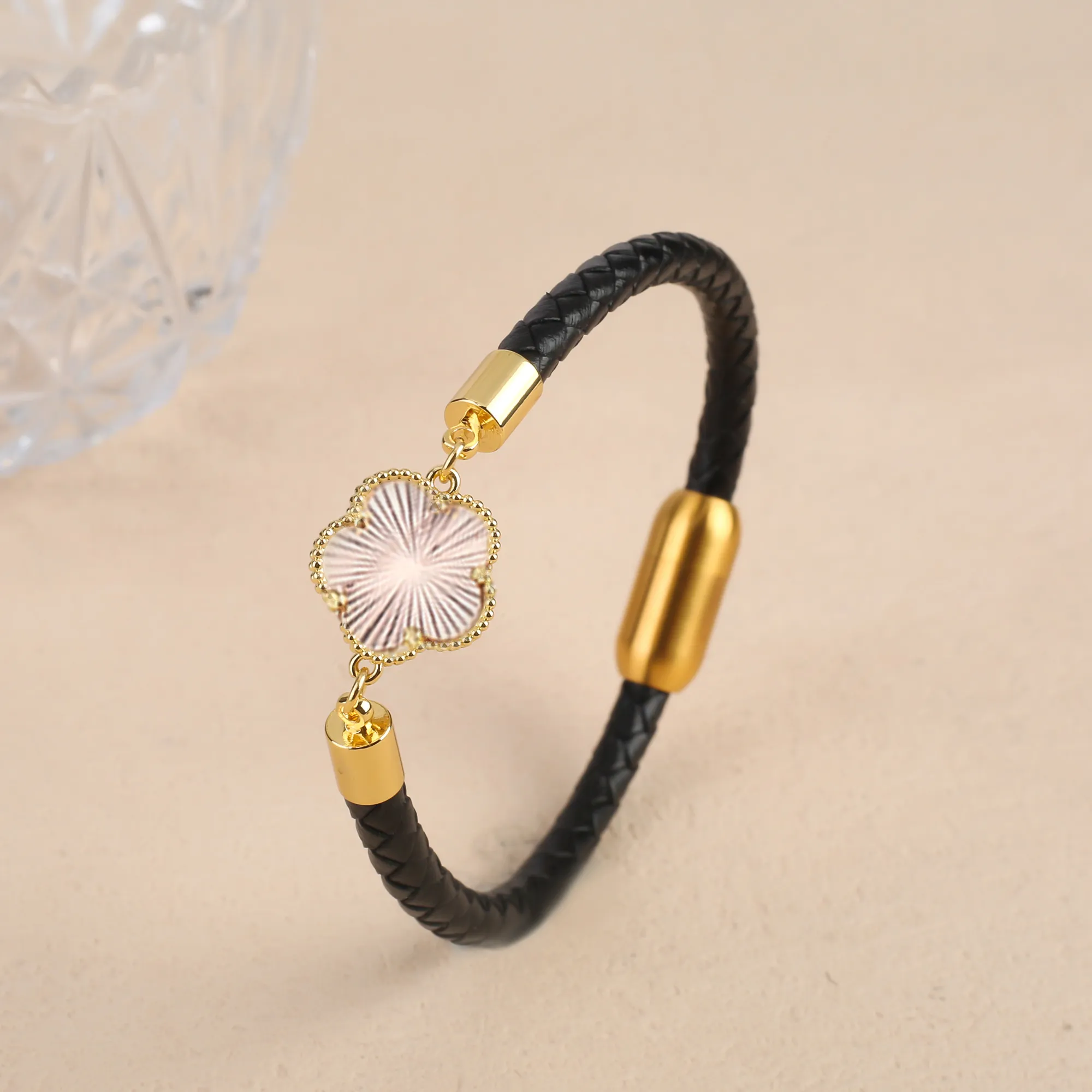 Clover Charm Leather Bracelet For Men And Women Simple Style_voghion.com