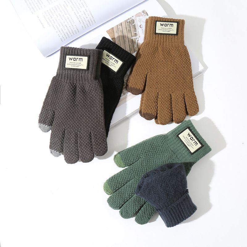 Gestrickte Handschuhe für Herren-Fahrradhandschuhe mit Plüsch und dicker Isolierung, winddichter Touchscreen im Winter, Strickhandschuhe_voghion.com