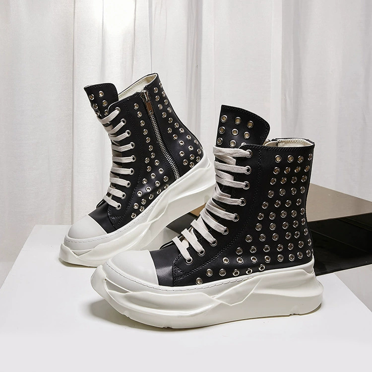 Guangzhou RO New Double-Layer Milk Fragrance Height-Increasing Thick-Soled Boots Couple Style Hollow Genuine Leather