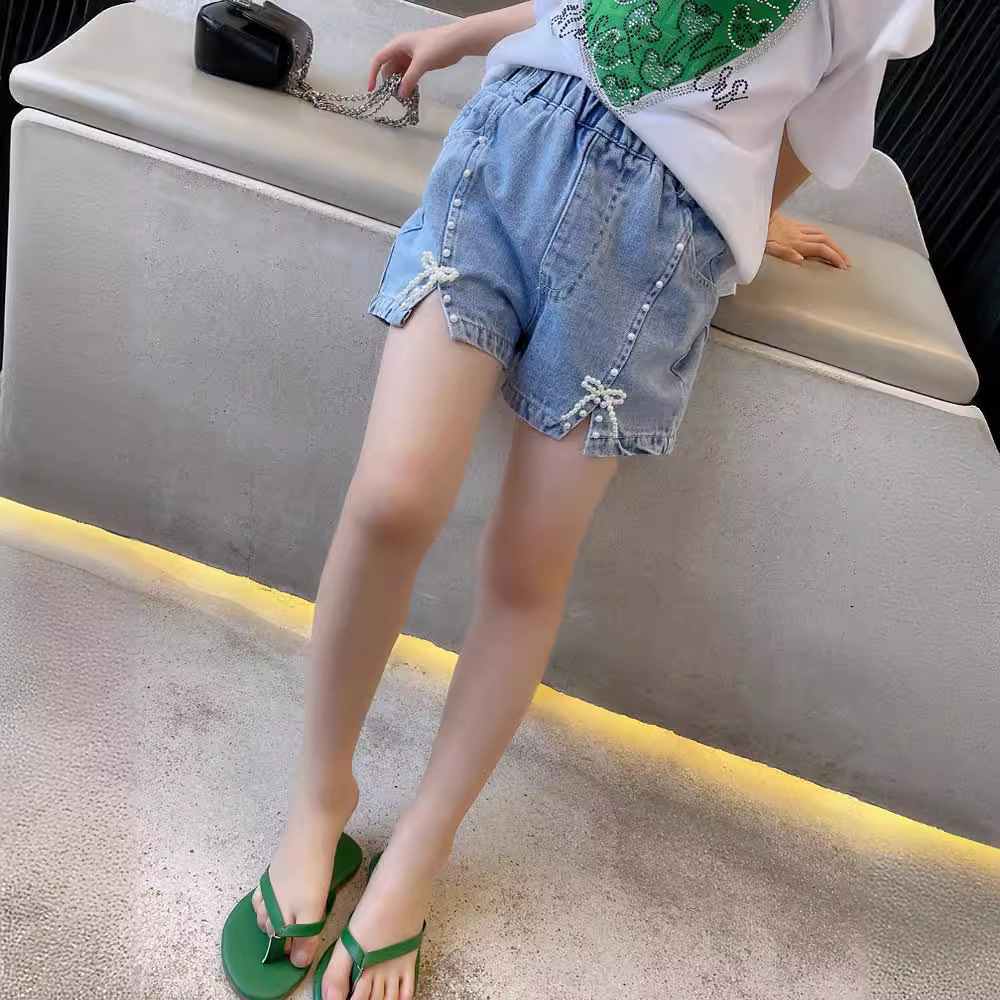 Mother & Kids Girls jeans 2024 new style children's pants summer beaded fashion hot pants Korean version thin pants children's shorts_voghion.com
