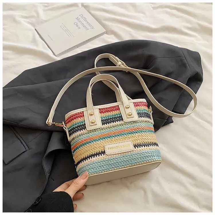 Borsa a secchiello intrecciata alla moda da donna, estiva, carina, piccola, con toppa in PU, con manico, a tracolla, design alla moda, per pendolari e viaggiatori_voghion.com