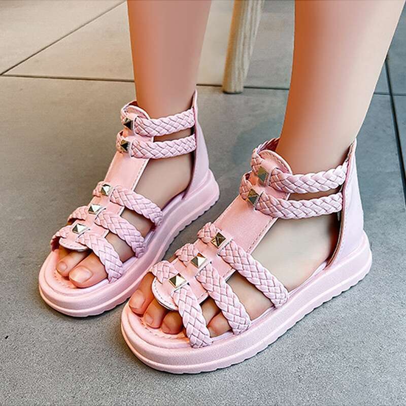 XUANMU Mädchen Römischen Sandalen Offene spitze Geflochtene Einfarbig High-top Einfache Nieten Neue Sommer Hohl Flache Freizeitschuhe Kinder mode Casual Z0107_voghion.com