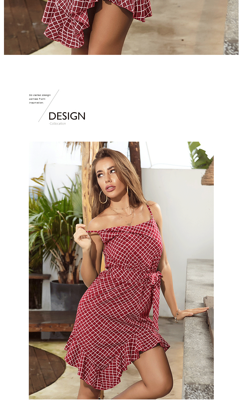 Jupe à carreaux sexy d'été Design Sense Robe à bretelles irrégulières à dos ouvert_voghion.com