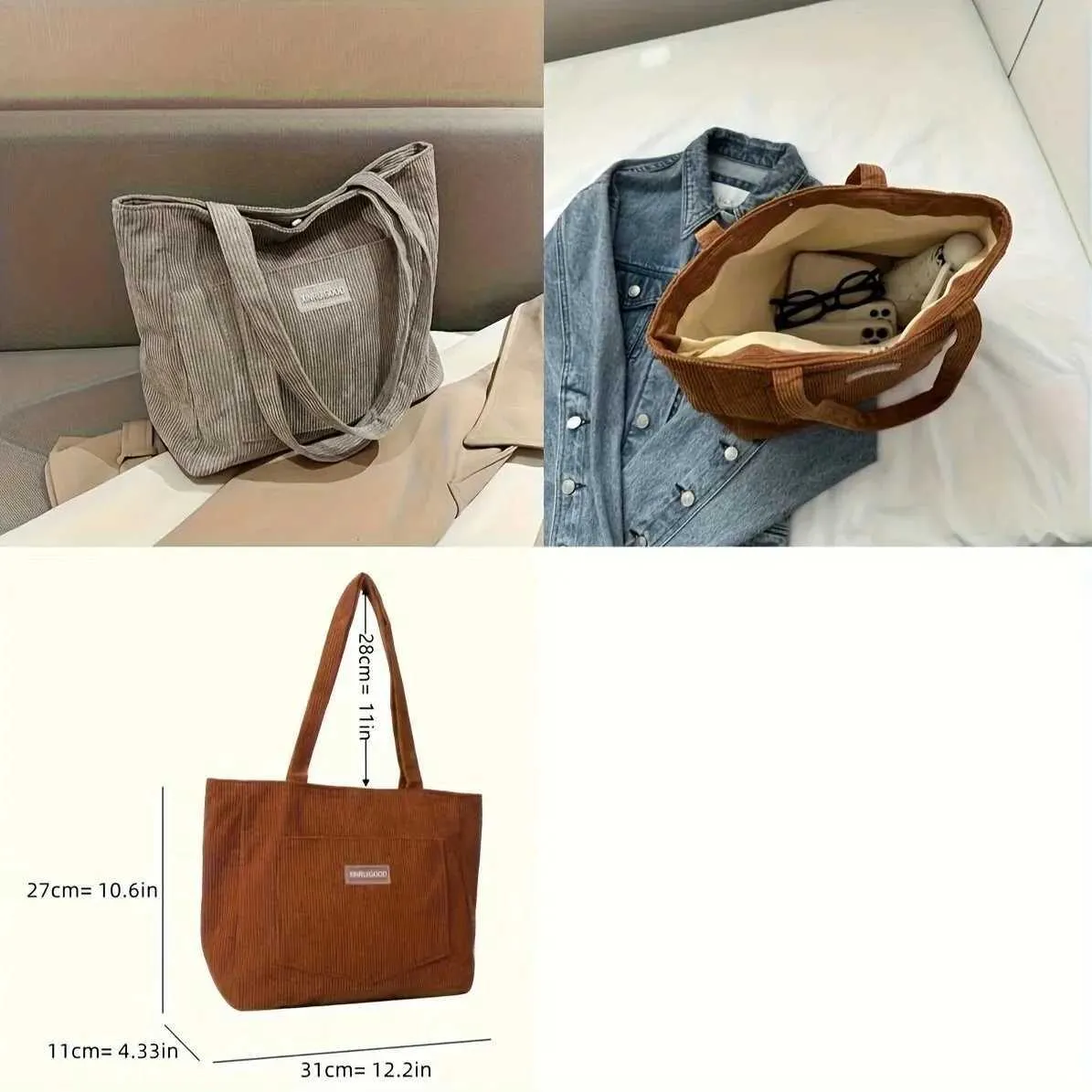 Borsa a tracolla di grande capacità, borsa da donna alla moda in velluto a coste tinta unita con tasca anteriore C241108_voghion.com