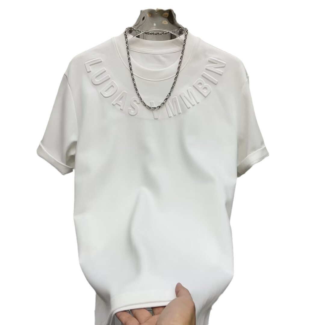 Men's Clothing neck pullover heavy short sleeved T shirt with embroidered letters,style slim fitting Internet celebrity bottoming half sleeved shirt_voghion.com
