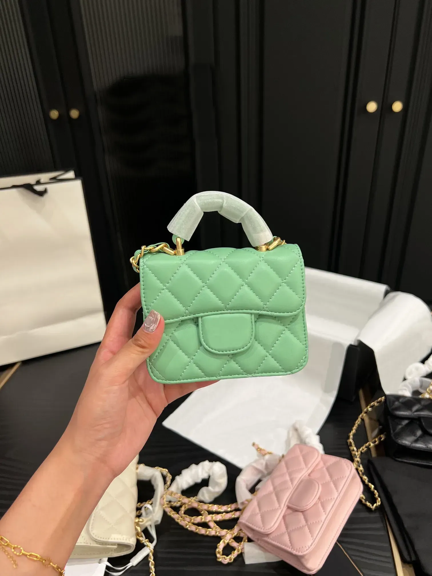 Summer Top Handle Handbag Mini Square Flap Shoulder Gold-tone Metal Chain Crossbody Bag Women Cc Lipstick Handbags