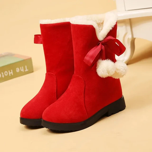 Ragazze Inverno Caldo Peluche Natale Rosso Carino Peloso Bambini Scarpe di Cotone Antiscivolo Bambini Studenti Stivali da Neve in Gomma_voghion.com