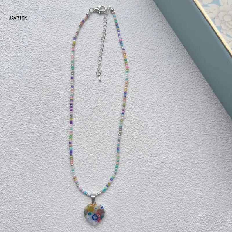 Beaded Heart Pendant Necklace Adjustable Colourful Choker Chain_voghion.com