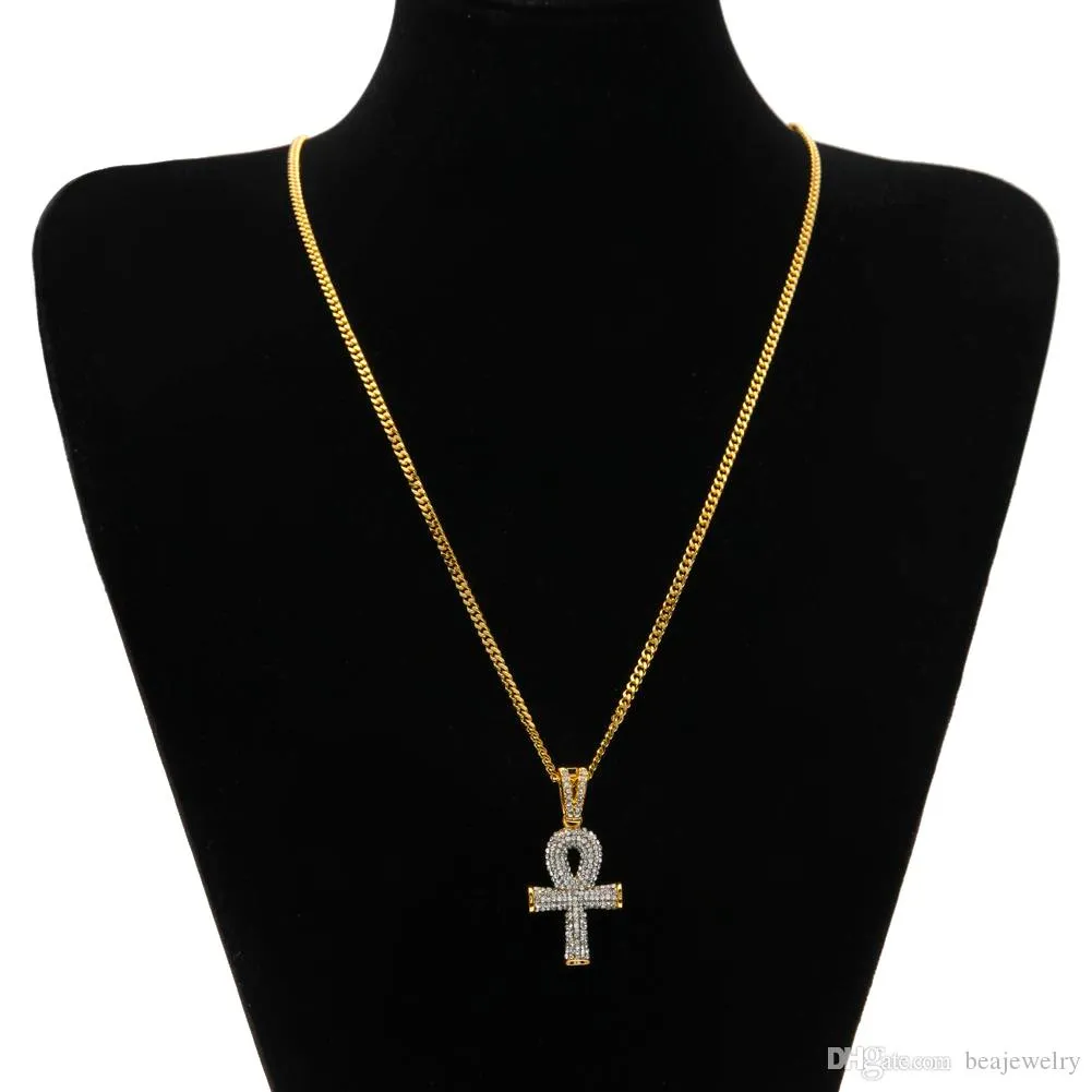 Neue Mode Ägyptischen Ankh Schlüssel des Lebens Bling Strass Kreuz mit Rot Rubin Anhänger Halskette Set Männer Hip Hop Schmuck Geschenk_voghion.com