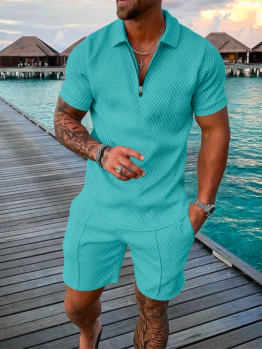 Survêtements pour hommes, ensemble de costume d'été imprimé 3D couleur unie, polo à manches courtes et short, mode fermeture éclair, deux pièces pour hommes_voghion.com