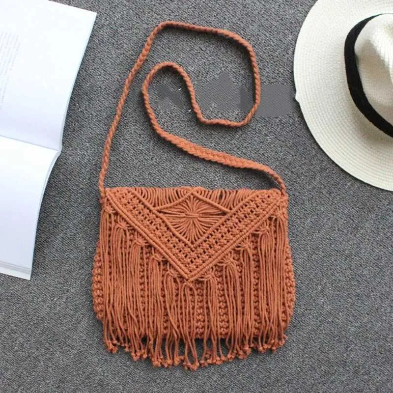 Handmade Cotton Woven Knitted Crossbody Bag With Tassels Vintage_voghion.com