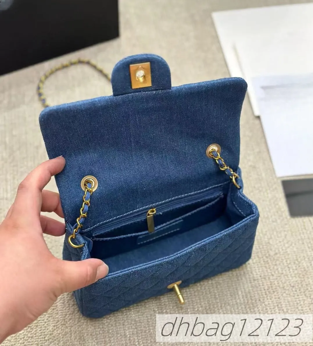Sky Blue Denim Classic Mini Flap Women Shoulder Bag Matelasse Adjustable Chain Quilted Small Gold Ball Crossbody Handbag_voghion.com