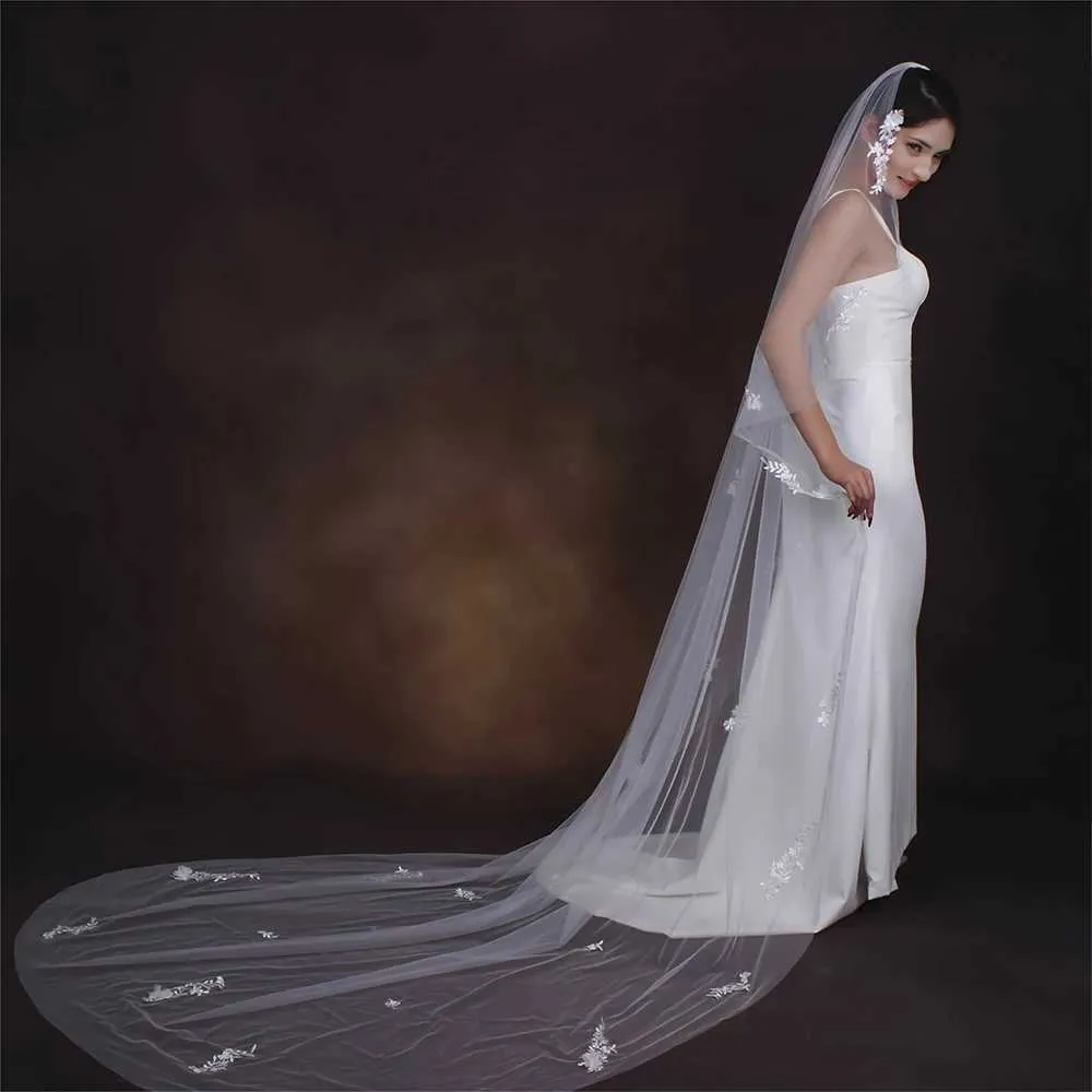 Gioielli per capelli, elegante velo da sposa con perline in pizzo, fiore 3D, lungo, cattedrale, morbido, illusione, con pettine, accessori per la sposa._voghion.com