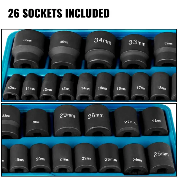 Jeu de douilles à impact 1/2 pouce, 26 pièces, 12 pans, peu profondes, métriques_voghion.com