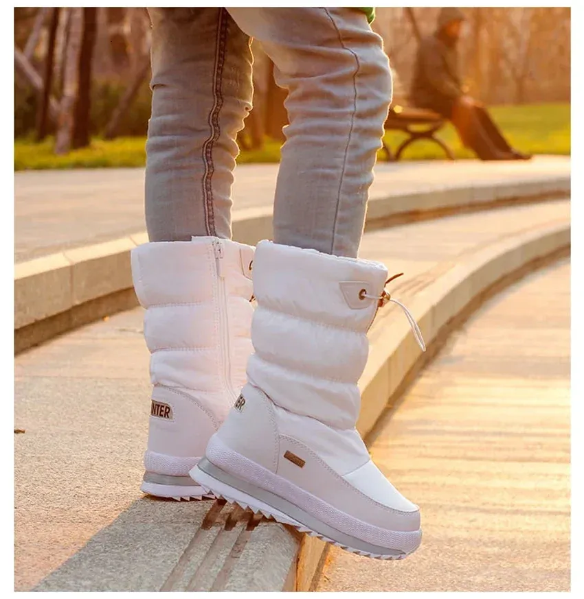 Bessere Qualität Weiße Damen-Winterschuhe Warmer Plüsch Mitte der Wade Wasserdichter Gummi Rutschfeste Plattform Schneestiefel Weiblich Plus Größe 42_voghion.com