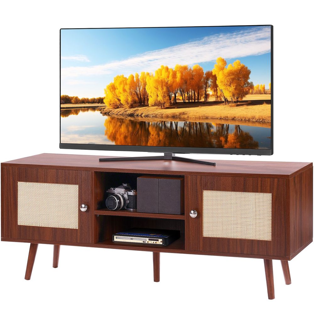 VEVOR Rattan TV Stand, Boho TV Cabinet For 55 Inch TV, Mid Century Modern TV Stand, Rattan TV Console With Adjustable Shelfs For Living Room, Media_voghion.com