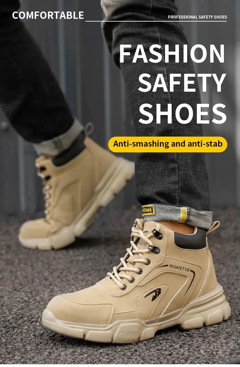 Bottes de sécurité en cuir noir pour homme, chaussures de travail imperméables et résistantes à la pression des clous, bout en acier inoxydable_voghion.com