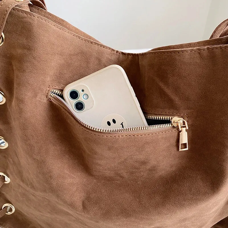 Ladies Handbags Brown Bags Tote Suede Leather Shoulder Women Top Handle Bag Female Sac A Main 240924_voghion.com