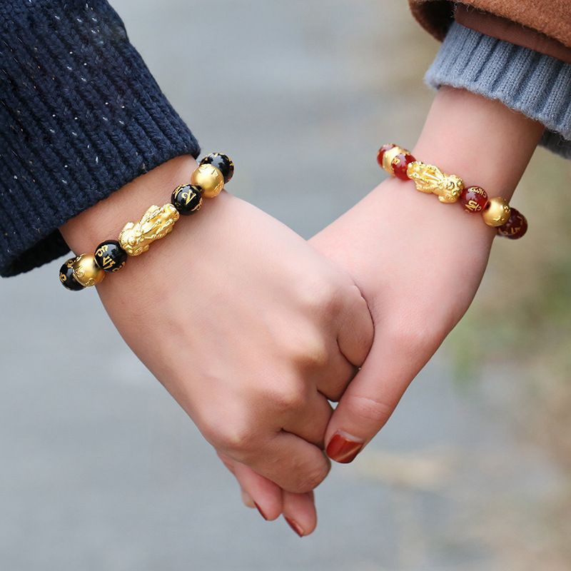 Bracciale di perle con ossidiana & pixiu per uomo, stile oro_voghion.com