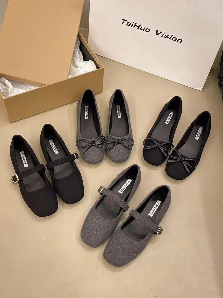 Ballerinas mit Schleife aus Filz für Damen, quadratische Zehenpartie, flach, modisch, Bootsschuhe für Damen, schwarz, Frühling/Sommer 241111_voghion.com