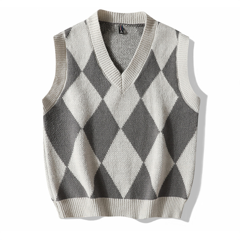 Canotta autunno e inverno nuovo gilet da uomo con scollo a V ispessito senza maniche, canotta con griglia a rombi, colore a contrasto_voghion.com