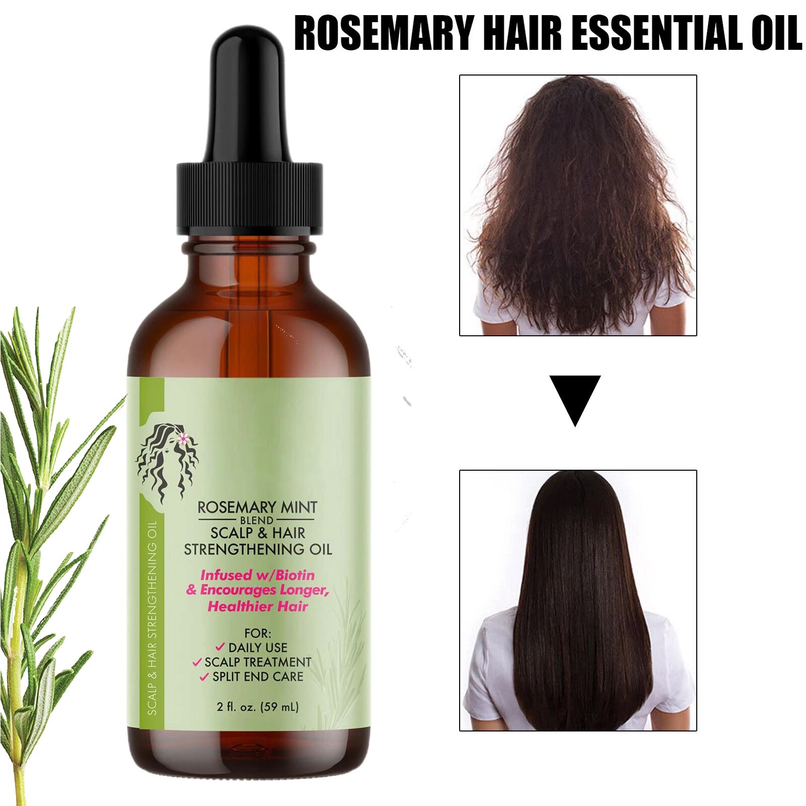 Olio essenziale per la crescita dei capelli, olio essenziale di menta e rosmarino, olio rinforzante, trattamento nutriente per capelli secchi e con doppie punte._voghion.com