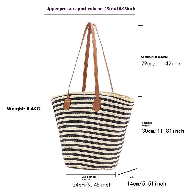 Freizeit Einfache Pendlertasche mit großer Kapazität Strandurlaub Papiergewebte Tasche Gestreifte Umhängetasche_voghion.com