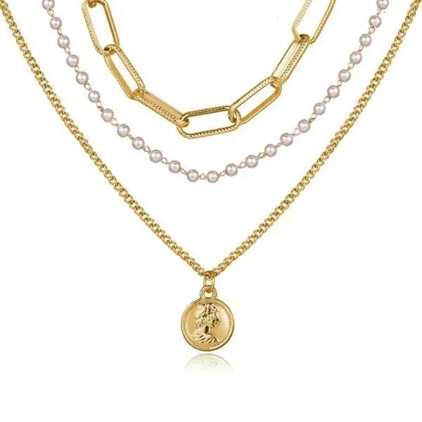Collana in lega vintage creativa multistrato con catena di perle e timbro ritratto_voghion.com