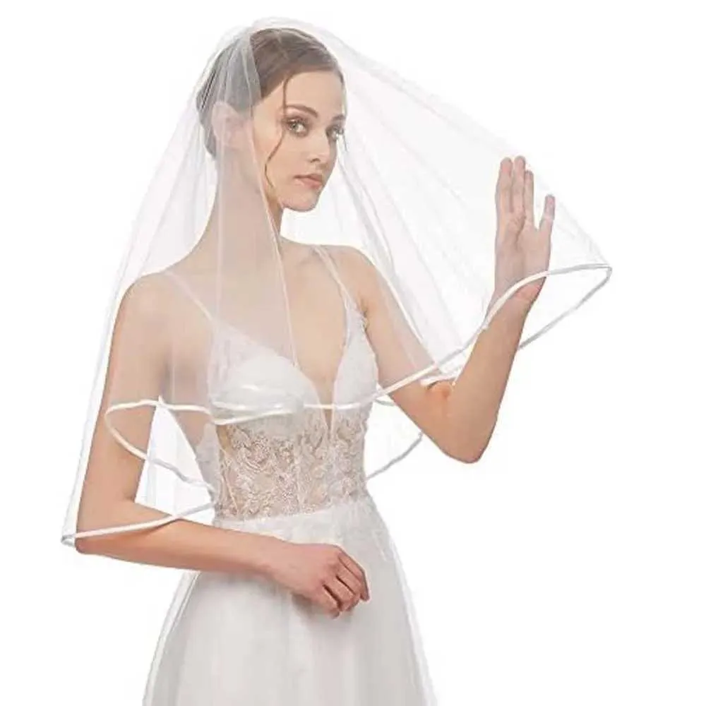 Gioielli per capelli da sposa, da donna, semplici, in tulle, con velo corto e bordo in raso, con pettine, per matrimonio, addio al nubilato_voghion.com