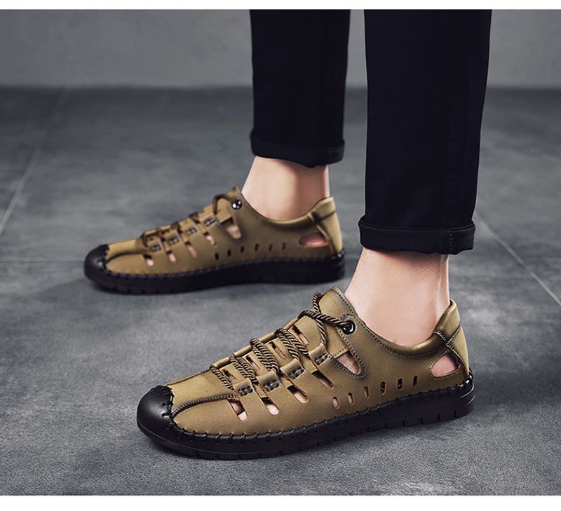 Sommer nye herresandaler, udendørs strand håndlavede hule åndbare fritidssko med hul, snørebånd indpakkede lædersko_voghion.com