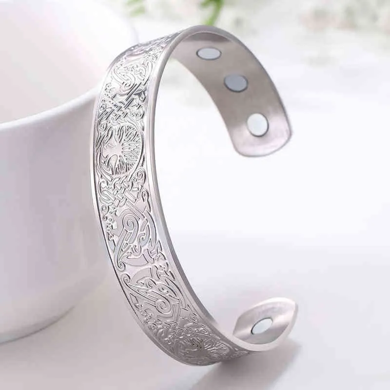 Skyrim Viking Bangle Endlos Love Buttons Tree of Life Birds Edelstol Manschett Magnéitesch Therapie Bracelet Männer Fraen_voghion.com
