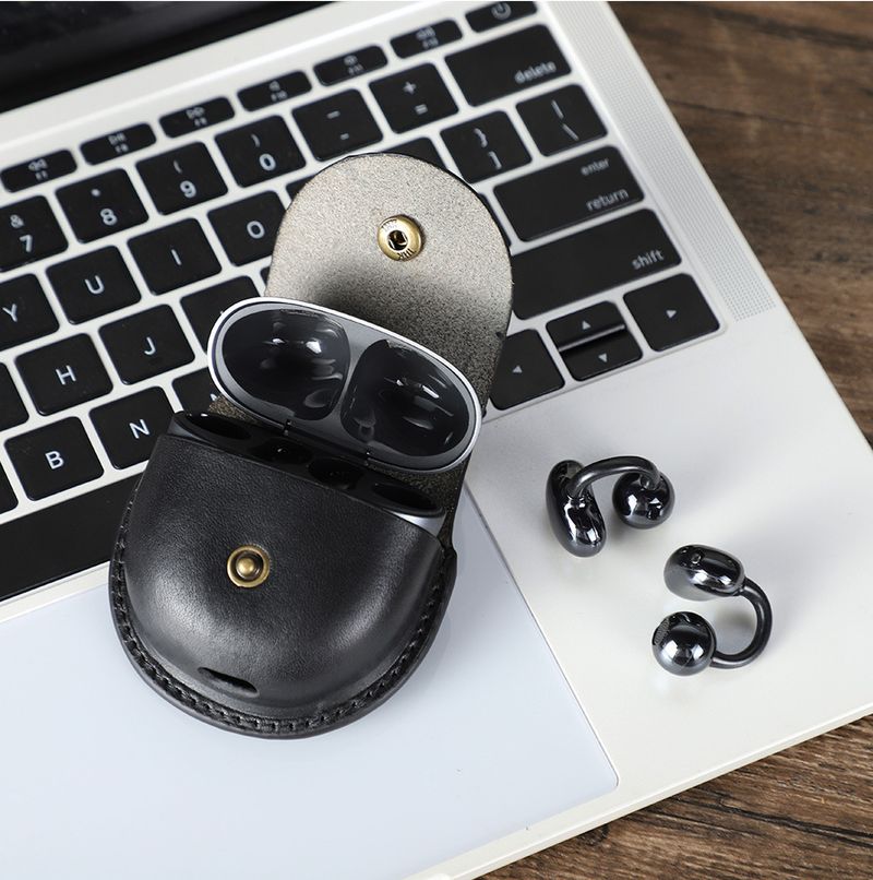 Étui Bluetooth en cuir de vache Freeclip pour Huawei, étui pour écouteurs à crochet à rabat en cuir crème d'arbre_voghion.com