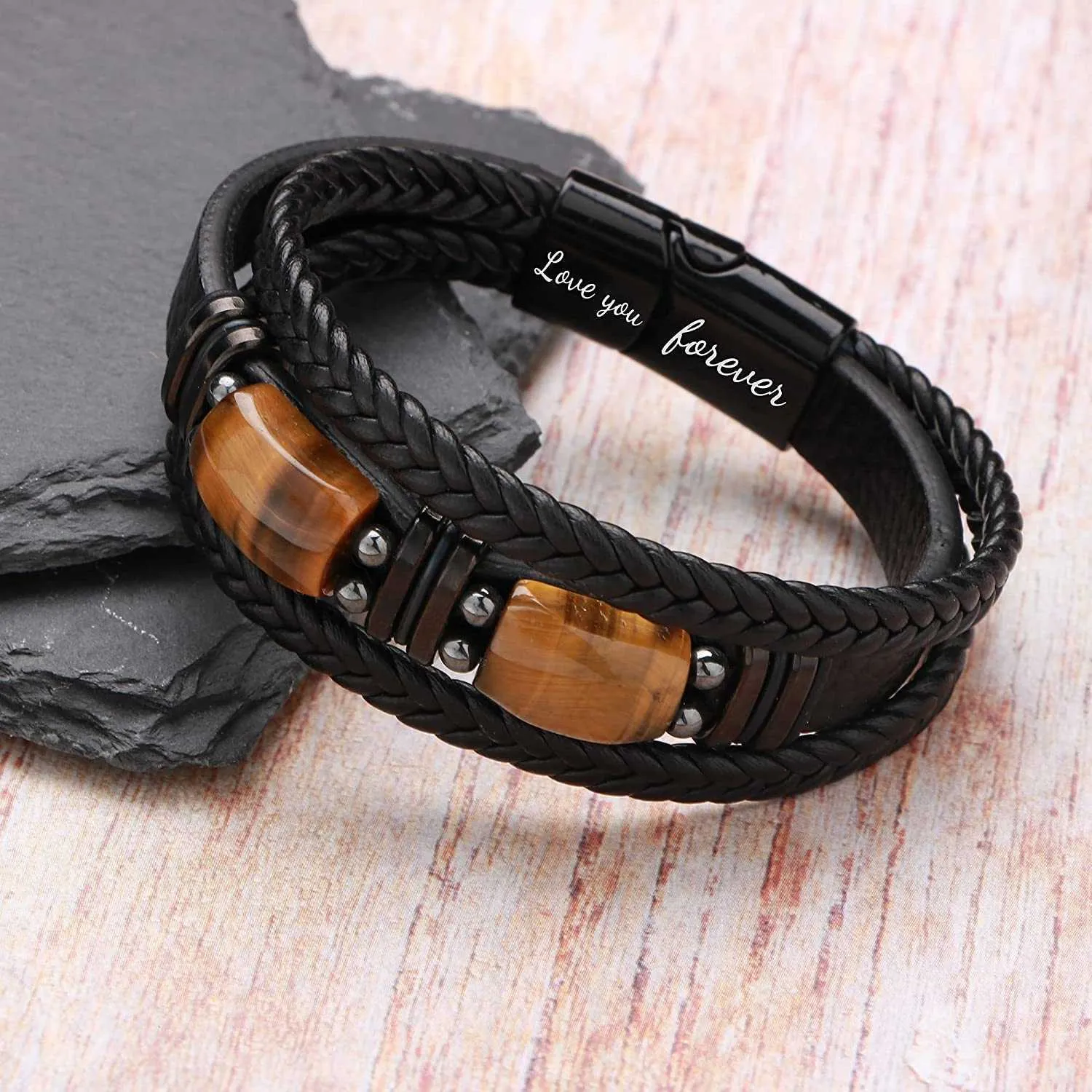 Schwarze geflochtene Armbänder mit 2 Tigeraugen. Armband für Vater, Sohn, Freund, Ehemann, Bruder, Enkel. „To My“ (Liebe dich für immer)_voghion.com