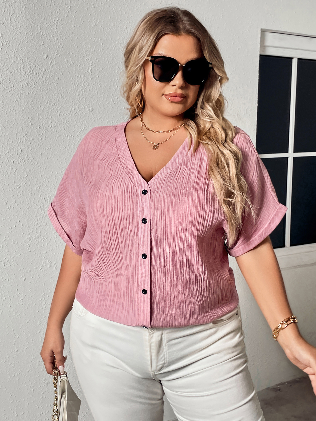 Women's linen v-neck button loose slim short-sleeved shirt tops for women_voghion.com