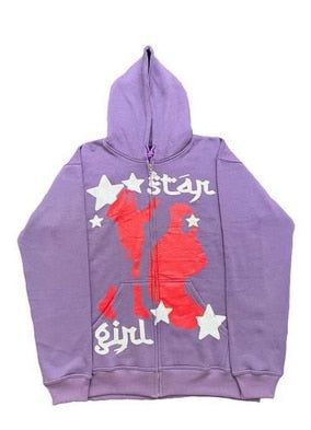 Felpa con cappuccio e cerniera nera con stampa Star Girl, abbigliamento da uomo, street hip hop_voghion.com