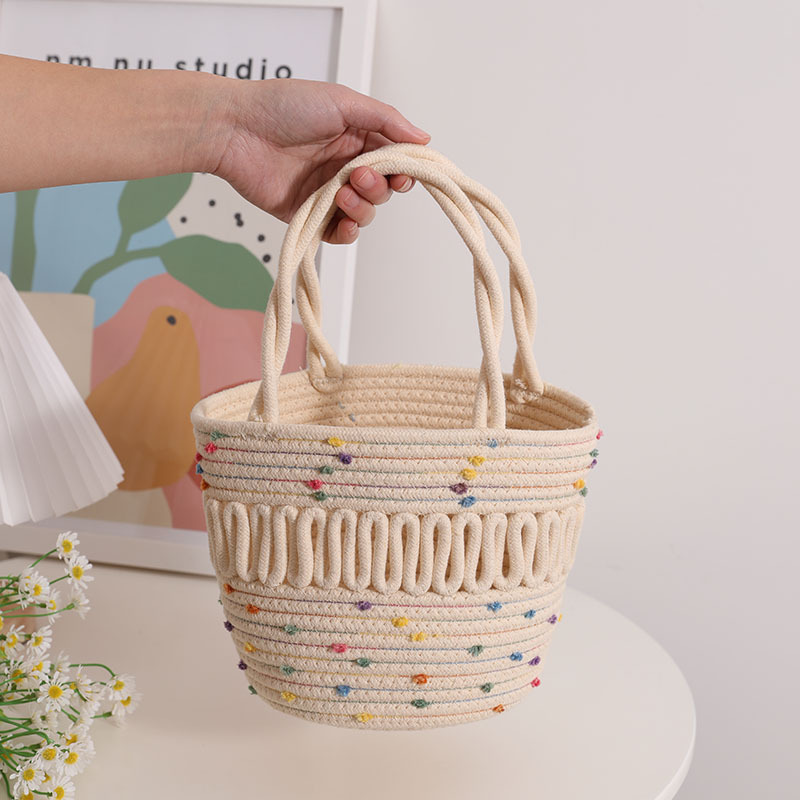 Borsa intrecciata in cotone colorata e carina a pois per le donne, nuova borsa intrecciata in paglia cava e intrecciata, cestino da picnic per le donne_voghion.com