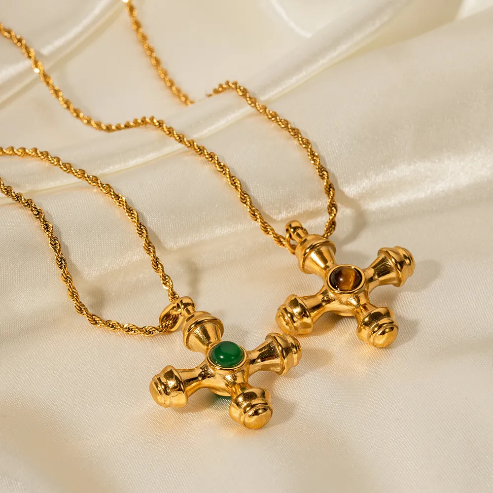Collana con ciondolo a croce in acciaio inossidabile dorato di tendenza di design per donna con occhi di tigre che non sbiadiscono, alla moda_voghion.com