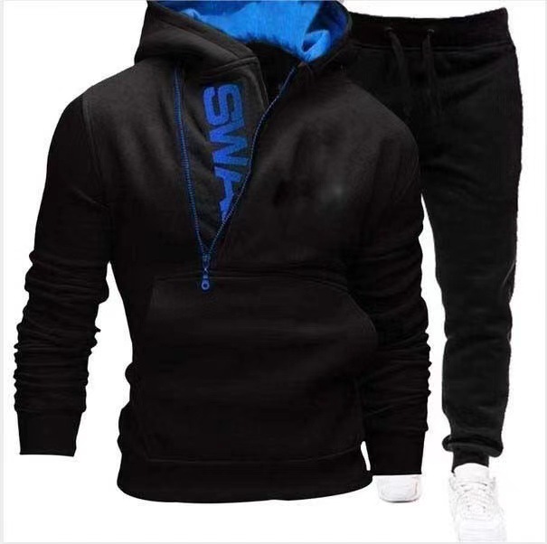 New men's hooded diagonal zipper printed pullover two-piece hoodie pants outer set_voghion.com