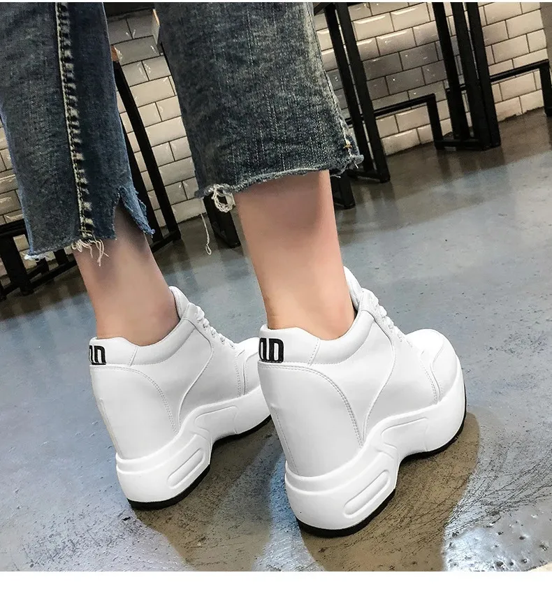 Women's Platform Sneakers Leather Chunky Trainers White Wedges_voghion.com