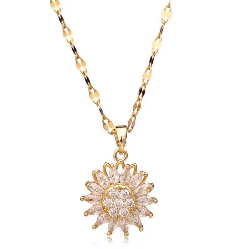 Double-layer Sunflower Pendant Necklace Stainless Steel Jewelry_voghion.com