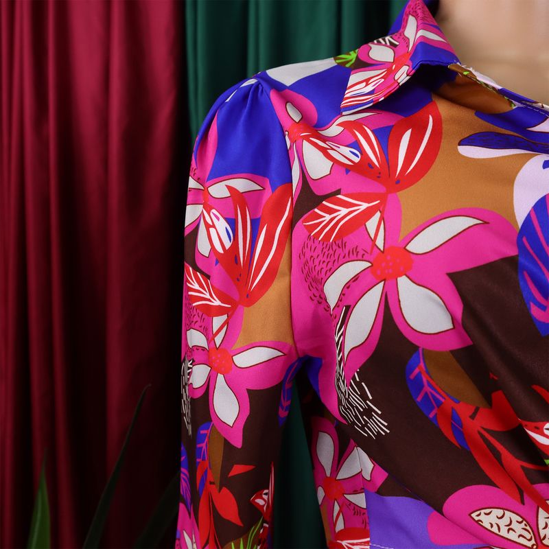 Women's Fashion Print Two-piece Lapel Tie Shirt Wide Leg Pants Suit_voghion.com