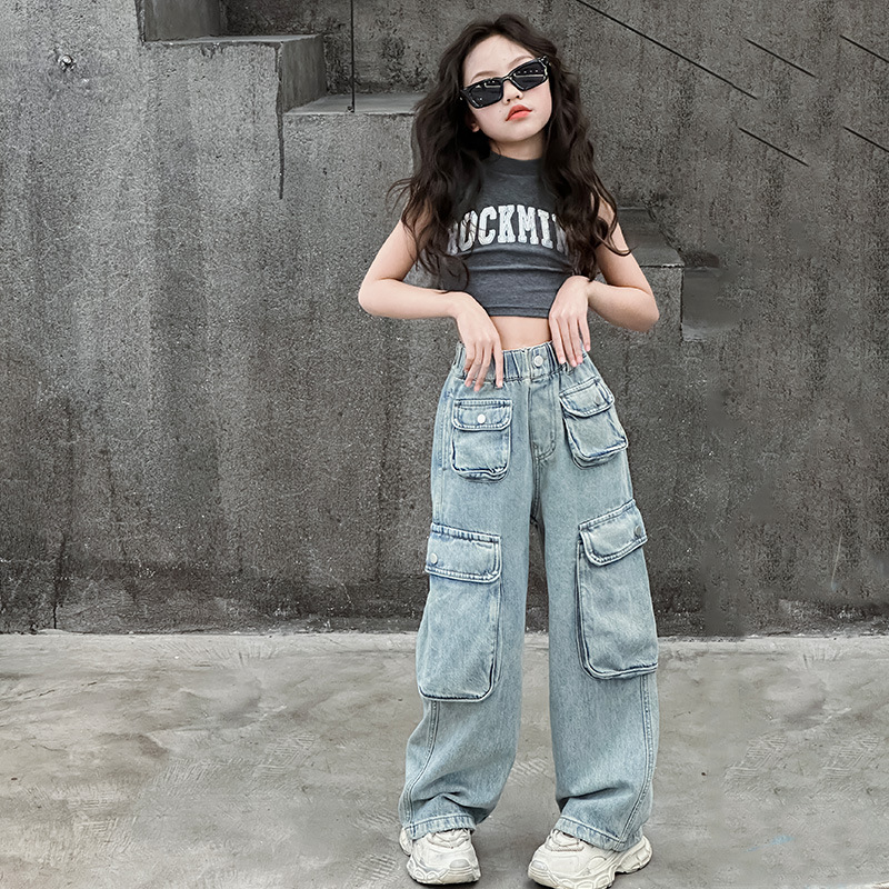Jeans à grande poche pour filles, salopette ample pour garçons et filles, pantalons pour enfants_voghion.com
