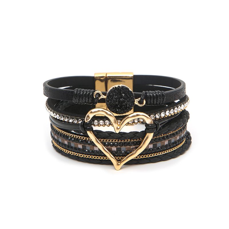 Bohemian Multi-layer Leather Handwoven Gold Big Love Ladies Bracelet_voghion.com